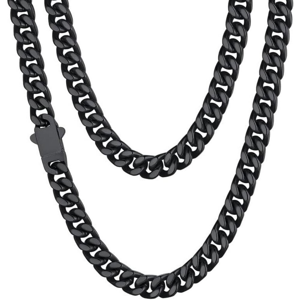 Men's Black 7mm Width Steel 18K Gold Plated Durable Hip Hop Cuban Chain Jewelry - Picture 1 of 7